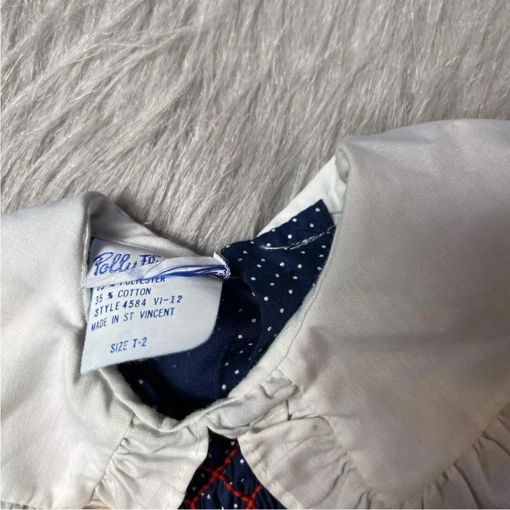 Vintage Polly Flinders Toddler Girls Dress Navy Red White Dot Smocked